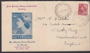 Australia 1953 QEII 3 1/2d Red FDC STONES CORNER QLD to GB UK Uncommon Cachet - Picture 1 of 1