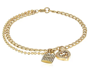 MICHAEL KORS MK Logo Heart & Crystal Padlock Yellow Gold Chain Bracelet + MK BOX - Picture 1 of 3