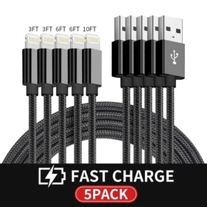 5 Pack USB Cable Heavy Duty Nylon Fast Charge For iPhone 8/X/SE/11/12/13/14 iPad - Picture 1 of 5