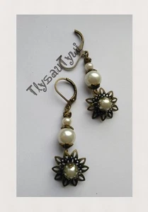 Pearl & Bronze Flower Dangle Earrings.....Ivory ...Leverback Hooks - Picture 1 of 4
