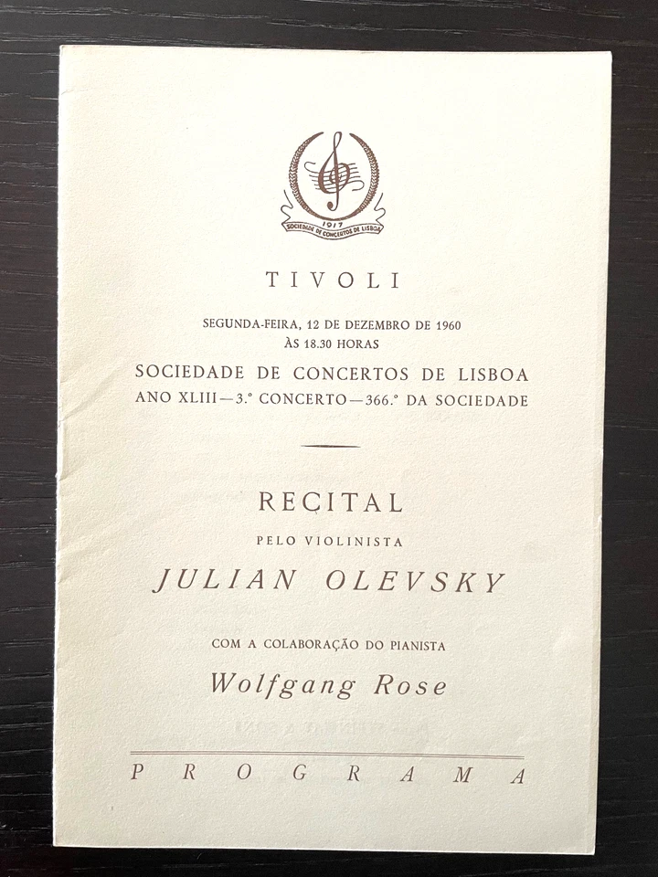 JULIAN OLEVSKY - Programa de recitales de violín 12/12/1960 Webern, Brahms, Paganini, etc. Foto 1 de 1