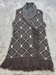 Alice + Olivia Sweater Womens Medium Brown Argyle Wool Fringe Wrap Cowl Neck - Picture 1 of 10