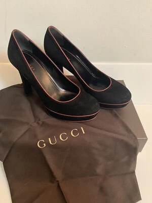 Gucci Kid Scamociato Napa Charlotte Black Suede Red Trim Platform Heels US 7.5 - Image 1 of 4
