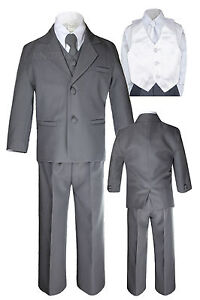 7pc Boy Kid Teen Dark Grey Formal Wedding Party Suit Tuxedo Vest Necktie sz 8-20
