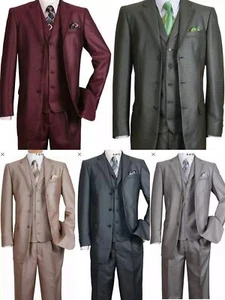 Men's Shark-skin Fashion Suit 3 button Edged Notch Lapel with Vest M5909V - Picture 1 of 13