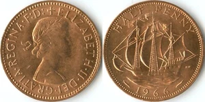 United Kingdom 1966 1/2 Half Penny KM#896 Bronze Queen Elizabeth II Barque Ship - Picture 1 of 3
