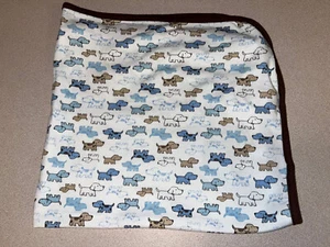 LITTLE ME Puppy Dog Baby Blanket White Blue Brown Trim Stretch Cotton Boys - Picture 1 of 5
