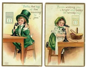 Vintage St Patricks Day Clapsaddle Postkarten (2) Junge und Mädchen am Telefon - Bild 1 von 2