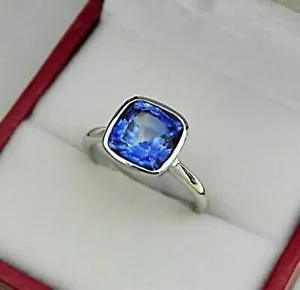 3Ct Cushion Cut Lab-Created Blue Sapphire Engagement Ring 14K White Gold Plated - Picture 1 of 3