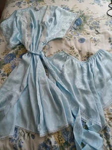 Vtg Lily of France Robe & Shorts Blue White Lace 2 Piece Set M - Imagen 1 de 7