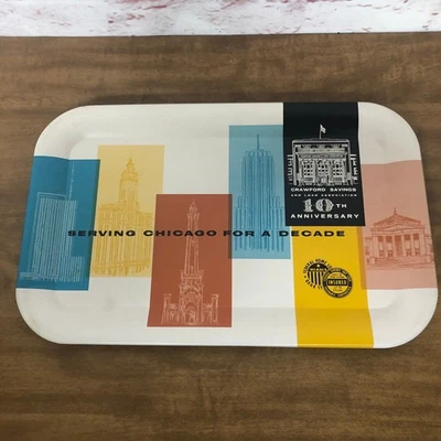 1959 MCM Metal Tin Dinner TV Tray Crawford Savings and Loan Chicago TH8 - Image 1 of 4