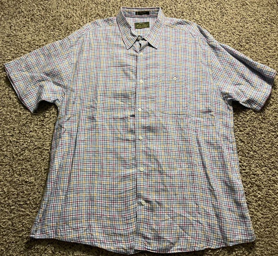 Orvis Shirt Mens XXL Blue Plaid 100% Linen Short Sleeve Casual - Image 1 of 4