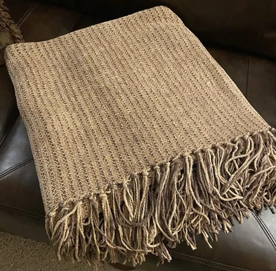 Restoration Hardware Chenille Fringe Throw Blanket Heavy Beige Tan Brown Stripe - Image 1 of 4