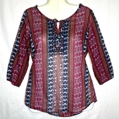 Blusa Eddie Bauer Transparente Boho M Púrpura Azul Manga 3/4 Popover Suroeste Azteca Foto 1 de 4