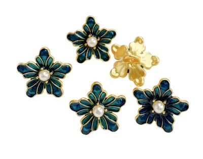 5PC Enamel  Blue Flower Luxury Gold Metal Shank Buttons 15mm - Image 1 of 4