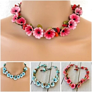 Kette Leder Blüten 2,1 cm Blätter Halbedelsteine Baumwolle 42 cm Boho Ethno - Bild 1 von 9