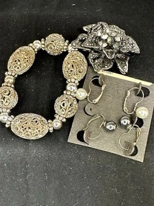 Brosche Blume Marcasit Armband 2x Ohrringe durchbohrt Vintage Silber M-5733! - Bild 1 von 8