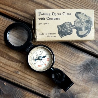 Altes klappbares Opernglas Fernglas mit Kompass und Spiegel Western Zone Germany - Bild 1 von 4