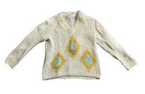 Vintage 60s Womens Mohair Wool Hand Knit V Neck Sweater Size 36 Diamond Pattern - Picture 1 of 14