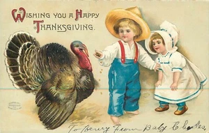 HAPPY THANKSGIVING - TOY & GIRL & TURKEY - CLAPSADDLE 1908 EMBOSSED POSTCARD - Picture 1 of 2