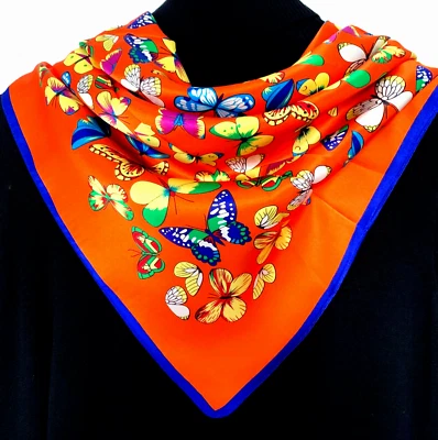 Bufanda 35"x35" Naranja Estampado Mariposa Pura Morera Satén Seda 12momme 88x88cm4-43 Foto 1 de 4