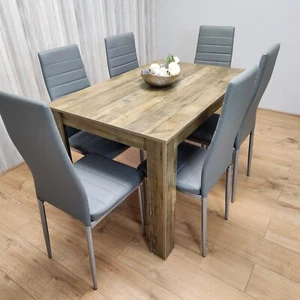 Dining Room Table Set Rustic Effect Dining Table and 6 Grey Faux Leather Chairs - Picture 1 of 8