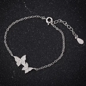 ZARD Double Butterfly Dainty Link Chain Bracelet in CZ Pavé Sterling Silver - Picture 1 of 6