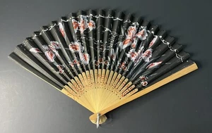 Vintage Hand Held Fan Asian Style Paper & Wood Black With Red/Pink Flowers - Picture 1 of 8