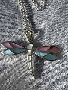 Vintage Sterling Silver Dragonfly Pendant, Mother Of Pearl Inlay On A 18” Chain - Picture 1 of 7