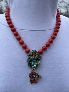 Heidi Daus Women's 18" Coral Floral Drop Topaz Pendant Signed Beaded Necklace - Picture 1 of 8
