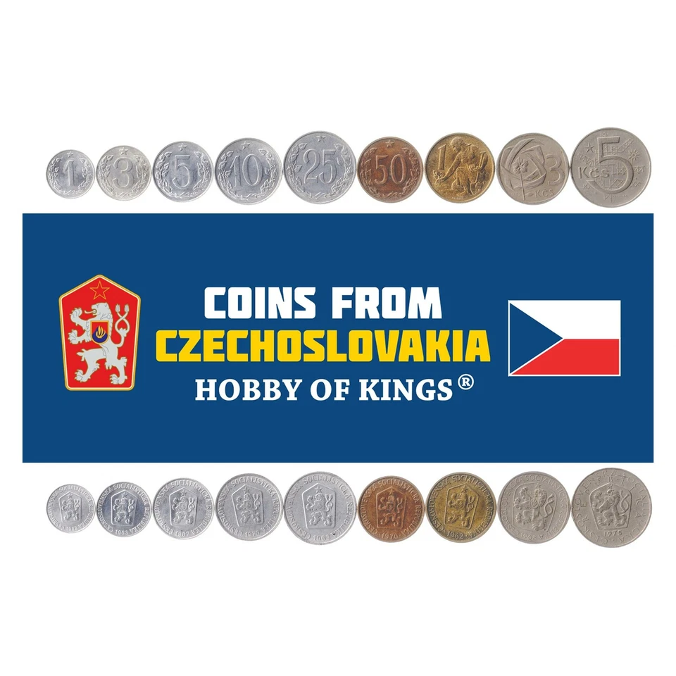 Set 9 Coins Czechoslovakia 1 3 5 10 25 50 Hellers 1 3 5 Korun 1961 - 1976 - Image 1 of 2