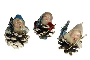 Vintage MCM Christmas Pinecone Elf Gnome Pixie Set Of 3 Bottlebrush Putz Japan - Picture 1 of 8