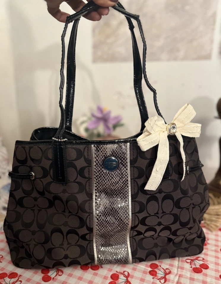 Coach Python Stripe Carryall Tote Bag Shoulder Handbag Satchel Blue Accent EUC - Image 1 of 4