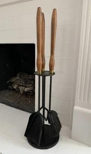 Vintage Mid-Century Fireplace Tool Set Long Wood Handle & Iron 4 Pc Seymour NICE - Picture 1 of 24