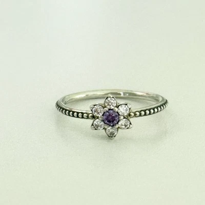 Pandora 925 Sterling Silver Forget Me Knot Purple Clear CZ Flower Ring Size 7 - Image 1 of 4