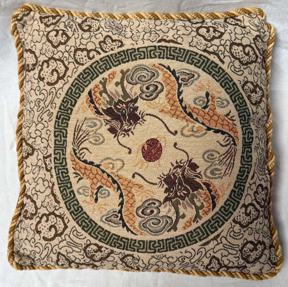 Oriental Twin Dragon Tapestry Pillow – Chinese Chinoiserie Cushion w/ Rope Trim - Image 1 of 1