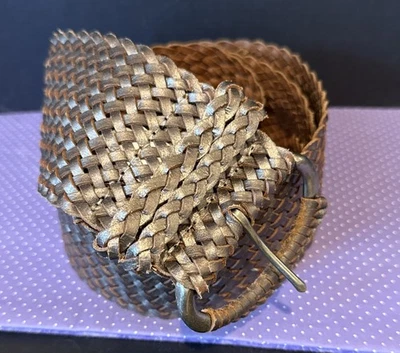 Fossil Womens Large Leather Belt Bronze Metallic Woven Braided Wide Twist Preppy - Image 1 of 4