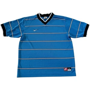 Vintage Nike Soccer Shirt Jersey Mens L Blue Striped V Neck 90s Made in USA Lrg - Picture 1 of 20