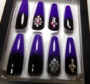 KISS Jewel NAILS GLUE ON  Shiny Bling Purple/Black Ombre EXTRA LONG LENGTH - Picture 1 of 4