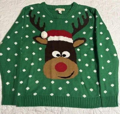 Love By Design Rudolph Reindeer Christmas Sweater Green Polka Dot Size Small - Image 1 of 4