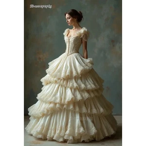 Medieval Lace Appliques Tiered Prom Dress Corset Vintage inspires Victorian Gown - Picture 1 of 9
