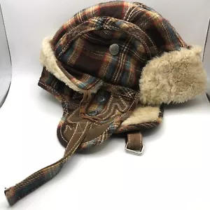 True Religion Trapper Hat Brown Plaid Size L/XL Ear Flaps Chin Strap Faux fur - Picture 1 of 24