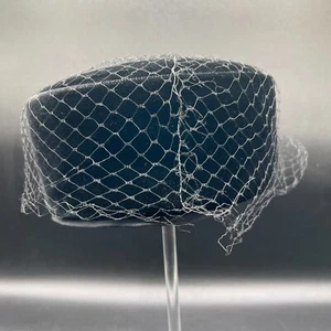 Vintage Pill Box Hat Black Velour with Netting One Size 7.5in Diameter Womens - Picture 1 of 11