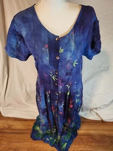 La Cera Midi Shift Dress Boho Art To Wear Blue Floral Button Front Sz M Cottage - Picture 1 of 6