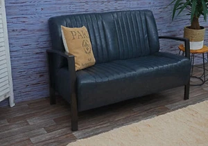 2er Sofa Couch Zweisitzer, Metall Kunstleder Industrie-Design ~ vintage grau - Bild 1 von 7