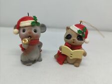 Flocked Raccoon & Mouse Christmas Ornaments Caroler & Horn Player VTG