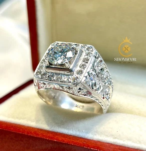 Anillo de plata de ley moissanita para hombre con piedra redonda brillante, anillo hecho a mano - Imagen 1 de 5