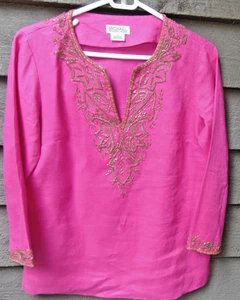 Michael Kors Bright Fucshia Tunic Top Shirt Gold Beaded Trim Linen Womens Small - Picture 1 of 6