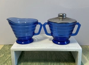Vidrio De Colección Azul Cobalto Depresión Crema y!Azúcar con Tapa Hazel Atlas Deco 4 - Imagen 1 de 16