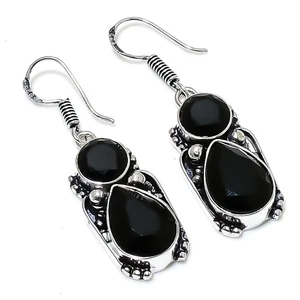 Black Spinel Gemstone Handmade 925 Sterling Silver Jewelry Earring Size 1.75'' - Picture 1 of 1